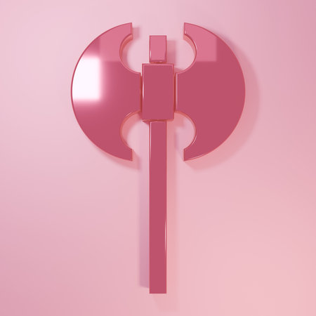 Pink Medieval ax icon isolated on pink background. Battle axe, executioner axe. Medieval weapon. Minimalism concept. 3D render illustration.の写真素材