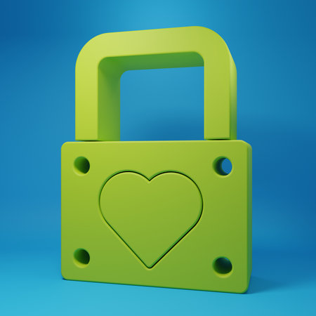 Green Lock and heart icon isolated on blue background. Locked Heart. Love symbol and keyhole sign. Valentines day symbol. Minimalism concept. 3D render illustration.の写真素材