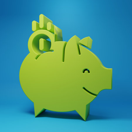 Green Piggy bank with coin icon isolated on blue background. Icon saving or accumulation of money, investment. Minimalism concept. 3D render illustration.の写真素材