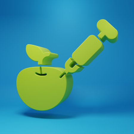 Green Genetically modified apple icon isolated on blue background. GMO fruit. Syringe being injected to apple. Minimalism concept. 3D render illustration.の写真素材