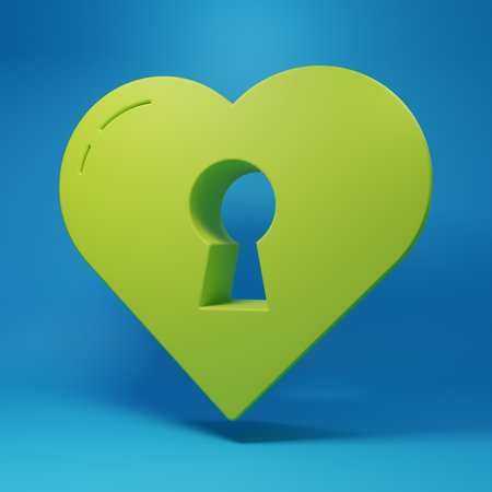 Green Heart with keyhole icon isolated on blue background. Locked Heart. Love symbol and keyhole sign. Minimalism concept. 3D render illustration.の写真素材