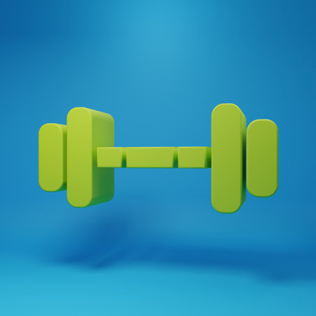 Green Dumbbell icon isolated on blue background. Muscle lifting icon, fitness barbell, gym, sports equipment, exercise bumbbell. Minimalism concept. 3D render illustration.の写真素材