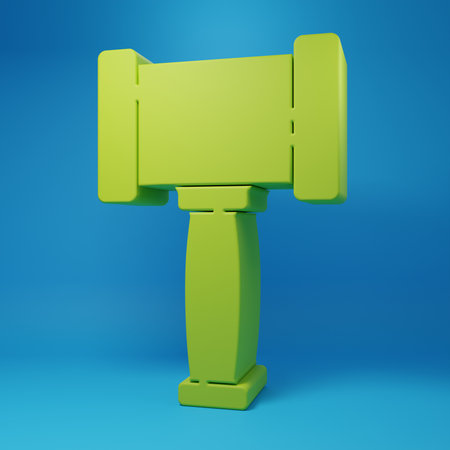 Green Judge gavel icon isolated on blue background. Gavel for adjudication of sentences and bills, court, justice. Auction hammer. Minimalism concept. 3D render illustration.の写真素材