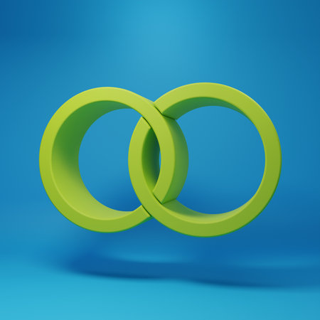 Green Wedding rings icon isolated on blue background. Bride and groom jewelry sign. Marriage symbol. Diamond ring. Minimalism concept. 3D render illustration.の写真素材