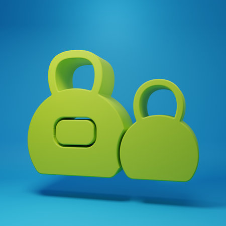 Green Kettlebell icon isolated on blue background. Sport equipment. Minimalism concept. 3D render illustration.の写真素材