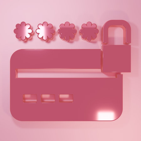 Pink Credit card with lock icon isolated on pink background. Locked bank card. Security, safety, protection. Concept of a safe payment. Minimalism concept. 3D render illustration.の写真素材