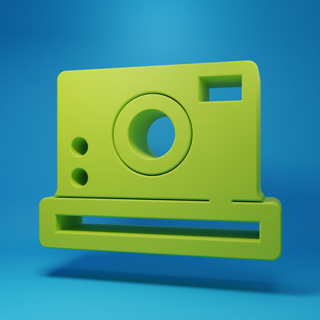 Green Photo camera icon isolated on blue background. Photo camera icon. Minimalism concept. 3D render illustration.の写真素材