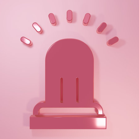 Pink Ringing alarm bell icon isolated on pink background. Fire alarm system. Service bell, handbell sign, notification symbol. Minimalism concept. 3D render illustration.の写真素材
