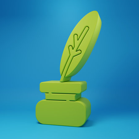 Green Feather and inkwell icon isolated on blue background. Minimalism concept. 3D render illustration.の写真素材