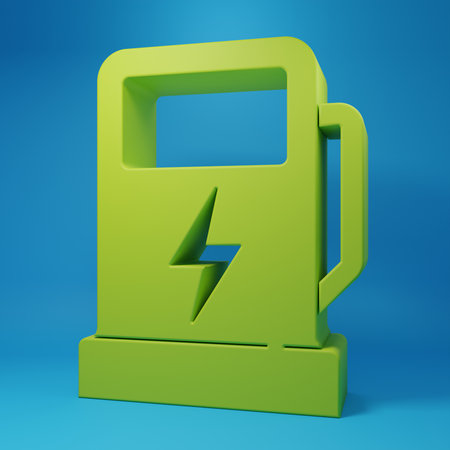 Green Electric car charging station icon isolated on blue background. Eco electric fuel pump sign. Minimalism concept. 3D render illustration.の写真素材