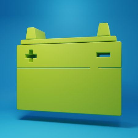 Green Car battery icon isolated on blue background. Accumulator battery energy power and electricity accumulator battery. Minimalism concept. 3D render illustration.の写真素材