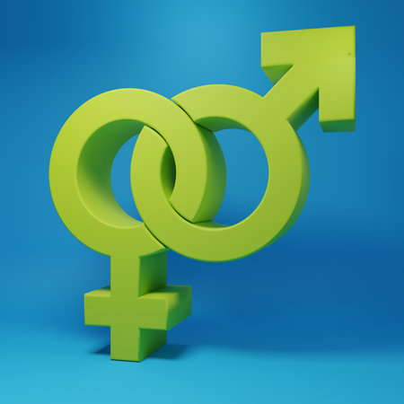 Green Gender icon isolated on blue background. Symbols of men and women. Sex symbol. Minimalism concept. 3D render illustration.の写真素材