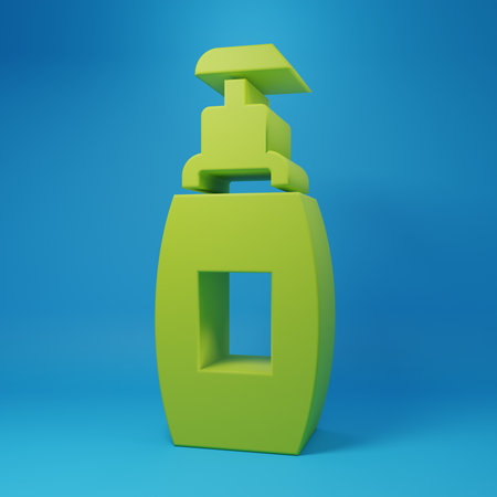 Green Bottle of liquid antibacterial soap with dispenser icon isolated on blue background. Antiseptic. Disinfection, hygiene, skin care. Minimalism concept. 3D render illustration.の写真素材
