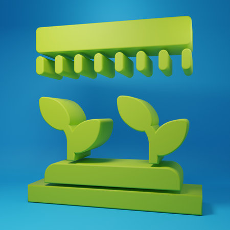 Green Automatic irrigation sprinklers icon isolated on blue background. Watering equipment. Garden element. Spray gun icon. Minimalism concept. 3D render illustration.の写真素材