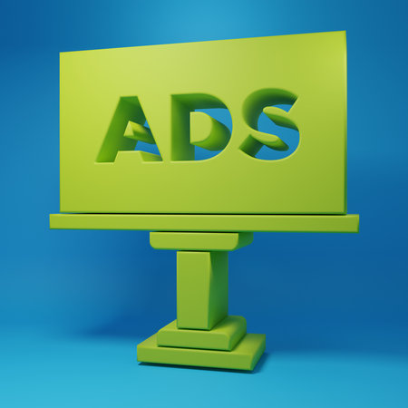 Green Advertising icon isolated on blue background. Concept of marketing and promotion process. Responsive ads. Social media advertising. Minimalism concept. 3D render illustration.の写真素材