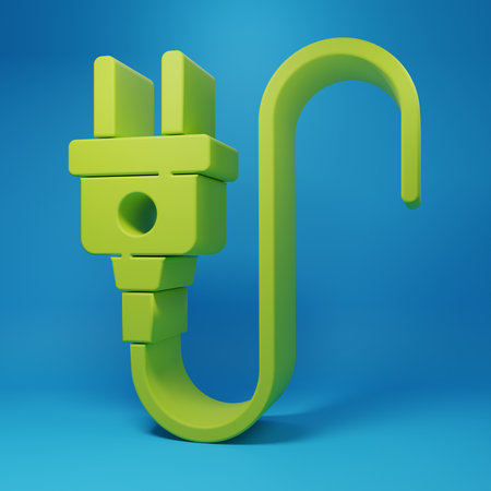 Green Electric plug icon isolated on blue background. Concept of connection and disconnection of the electricity. Minimalism concept. 3D render illustration.の写真素材