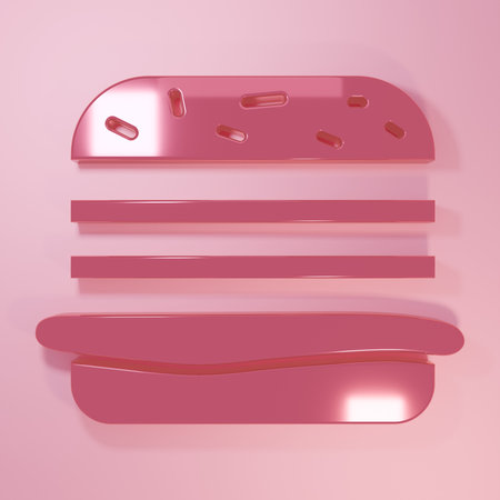 Pink Burger icon isolated on pink background. Hamburger icon. Cheeseburger sandwich sign. Fast food menu. Minimalism concept. 3D render illustration.の写真素材
