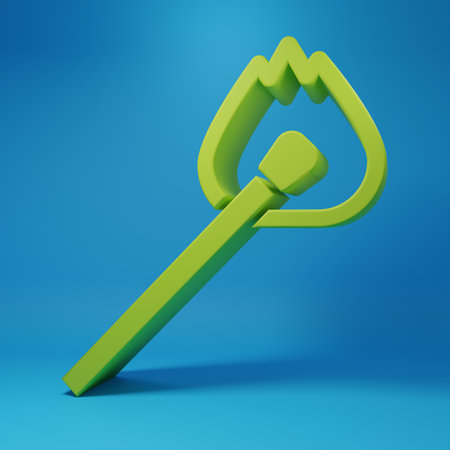 Green Burning match with fire icon isolated on blue background. Match with fire. Matches sign. Minimalism concept. 3D render illustration.の写真素材