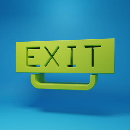 Green Fire exit icon isolated on blue background. Fire emergency icon. Minimalism concept. 3D render illustration.の写真素材