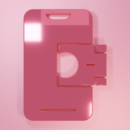 Pink Mobile banking icon isolated on pink background. Transfer money through mobile banking on the mobile phone screen. Minimalism concept. 3D render illustration.の写真素材