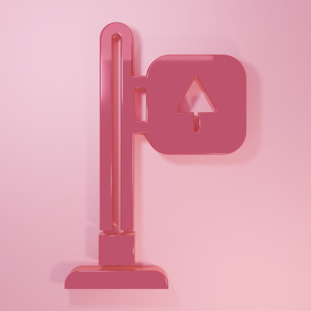 Pink Road traffic sign. Signpost icon isolated on pink background. Pointer symbol. Street information sign. Direction sign. Minimalism concept. 3D render illustration.の写真素材
