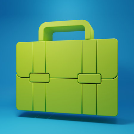 Green Briefcase icon isolated on blue background. Business case sign. Business portfolio. Minimalism concept. 3D render illustration.の写真素材