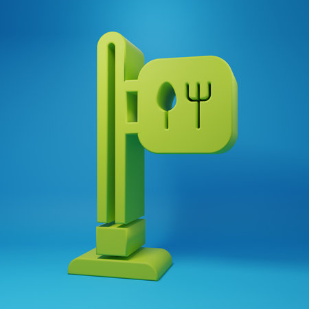 Green Cafe and restaurant location icon isolated on blue background. Fork and spoon eatery sign inside pinpoint. Minimalism concept. 3D render illustration..の写真素材