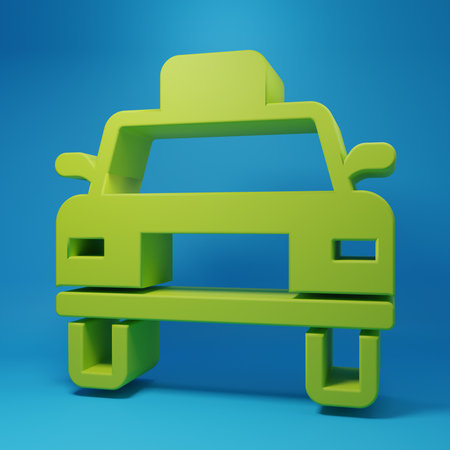 Green Taxi car icon isolated on blue background. Minimalism concept. 3D render illustration.の写真素材