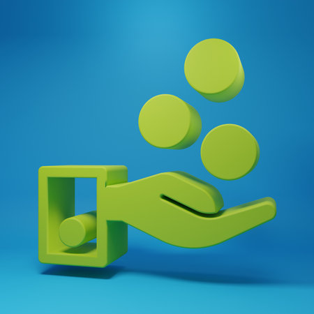 Green People paying tips to service staff in restaurant and hotel icon isolated on blue background. Tips money cash coin hotel resort service. Minimalism concept. 3D render illustration.の写真素材