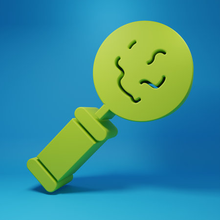 Green Microorganisms under magnifier icon isolated on blue background. Bacteria and germs, cell cancer, microbe, virus, fungi. Minimalism concept. 3D render illustration.の写真素材