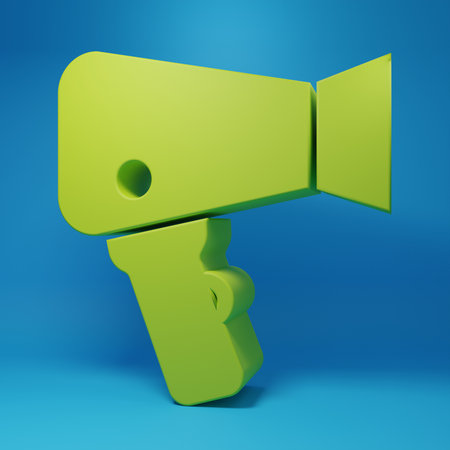 Green Hair dryer icon isolated on blue background. Hairdryer sign. Hair drying symbol. Blowing hot air. Minimalism concept. 3D render illustration.の写真素材
