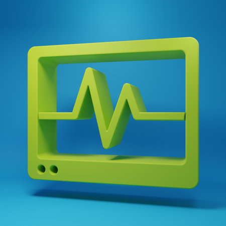 Green Computer monitor with cardiogram icon isolated on blue background. Monitoring icon. ECG monitor with heart beat hand drawn. Minimalism concept. 3D render illustration.の写真素材