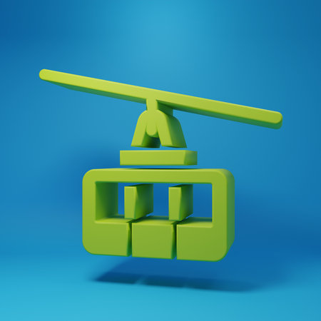 Green Cable car icon isolated on blue background. Funicular sign. Minimalism concept. 3D render illustration.の写真素材
