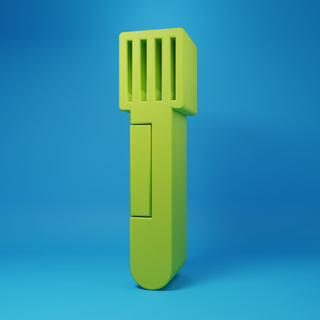 Green Test tube and flask chemical laboratory test icon isolated on blue background. Laboratory glassware sign. Minimalism concept. 3D render illustration.の写真素材