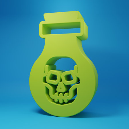 Green Poison in bottle icon isolated on blue background. Bottle of poison or poisonous chemical toxin. Minimalism concept. 3D render illustration.の写真素材