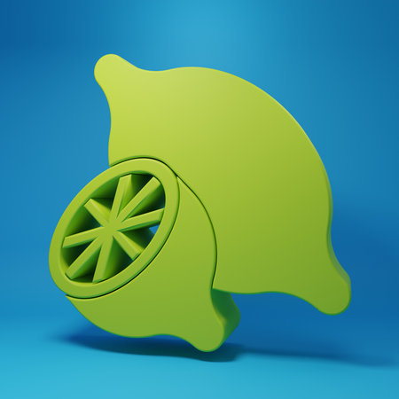 Green Lemon icon isolated on blue background. Minimalism concept. 3D render illustration.の写真素材