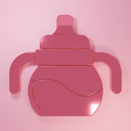 Pink Baby bottle icon isolated on pink background. Feeding bottle icon. Milk bottle sign. Minimalism concept. 3D render illustration.の写真素材
