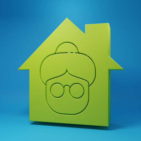 Green Nursing home building icon isolated on blue background. Health care for old and sick people. Center for retired people. Minimalism concept. 3D render illustration.の写真素材