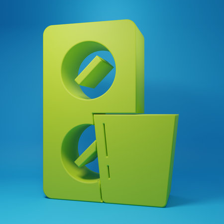 Green Pills in blister pack icon isolated on blue background. Medical drug package for tablet, vitamin, antibiotic, aspirin. Minimalism concept. 3D render illustration.の写真素材