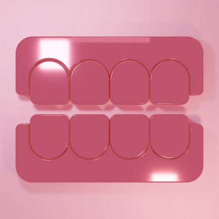 Pink False jaw icon isolated on pink background. Dental jaw or dentures, false teeth with incisors. Minimalism concept. 3D render illustration.の写真素材