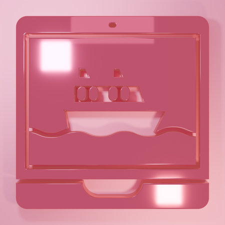Pink Cruise ship icon isolated on pink background. Travel tourism nautical transport. Voyage passenger ship, cruise liner. Worldwide cruise. Minimalism concept. 3D render illustration.の写真素材