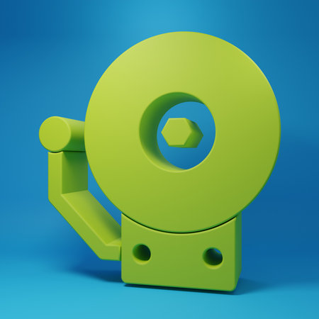 Green Ringing alarm bell icon isolated on blue background. Fire alarm system. Service bell, handbell sign, notification symbol. Minimalism concept. 3D render illustration.の写真素材