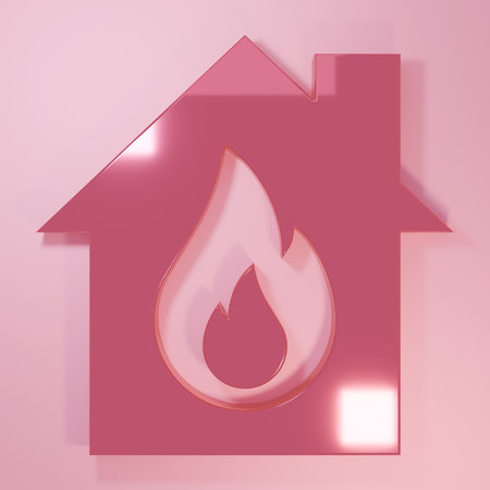 Pink Fire in burning house icon isolated on pink background. Minimalism concept. 3D render illustration.の写真素材