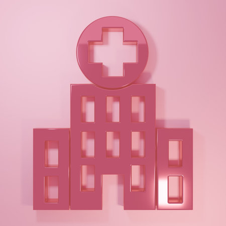 Pink Medical hospital building with cross icon isolated on pink background. Medical center. Health care. Minimalism concept. 3D render illustration.の写真素材
