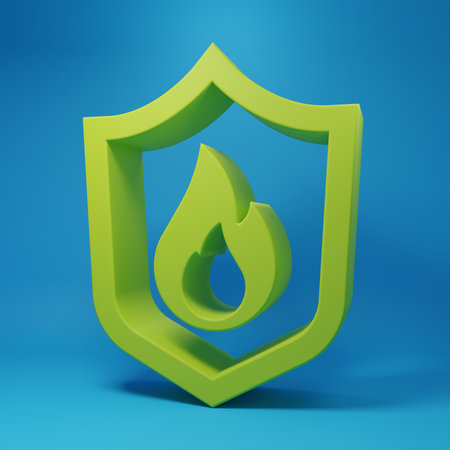 Green Fire protection shield icon isolated on blue background. Insurance concept. Security, safety, protection, protect concept. Minimalism concept. 3D render illustration.の写真素材