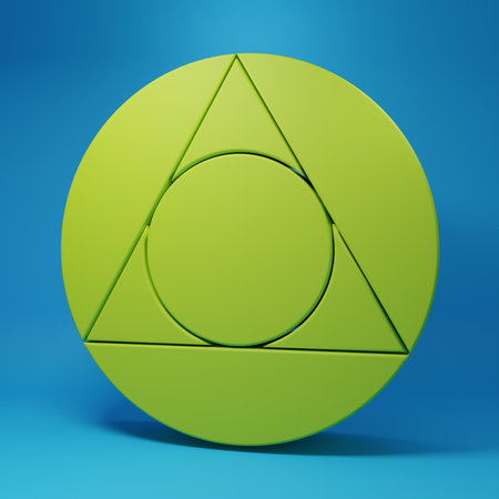 Green Triangle math icon isolated on blue background. Minimalism concept. 3D render illustration.の写真素材