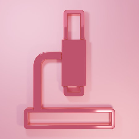 Pink Microscope icon isolated on pink background. Chemistry, pharmaceutical instrument, microbiology magnifying tool. Minimalism concept. 3D render illustration.の写真素材