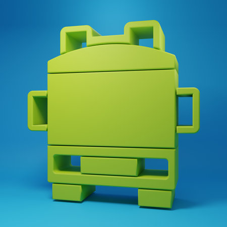 Green Fire truck icon isolated on blue background. Fire engine. Firefighters emergency vehicle. Minimalism concept. 3D render illustration.の写真素材