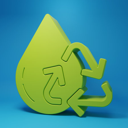 Green Recycle clean aqua icon isolated on blue background. Drop of water with sign recycling. Minimalism concept. 3D render illustration.の写真素材