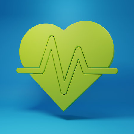Green Heart rate icon isolated on blue background. Heartbeat sign. Heart pulse icon. Cardiogram icon. Minimalism concept. 3D render illustration.の写真素材